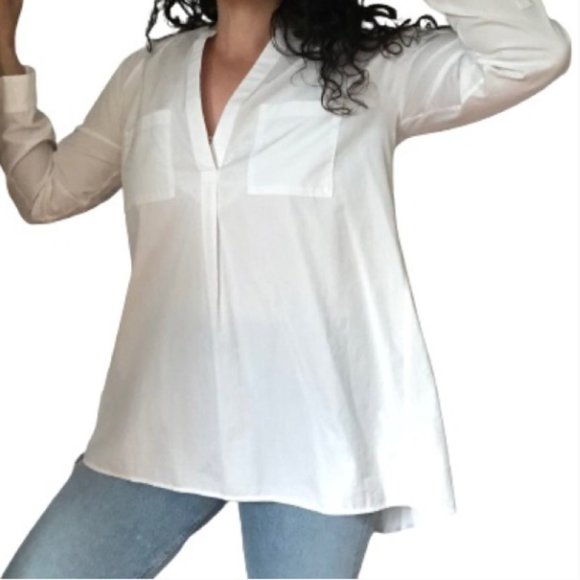 NEW Theory White Cotton Button Back Popover Tunic High/Low Hem Split Back Large - Picture 4 of 15